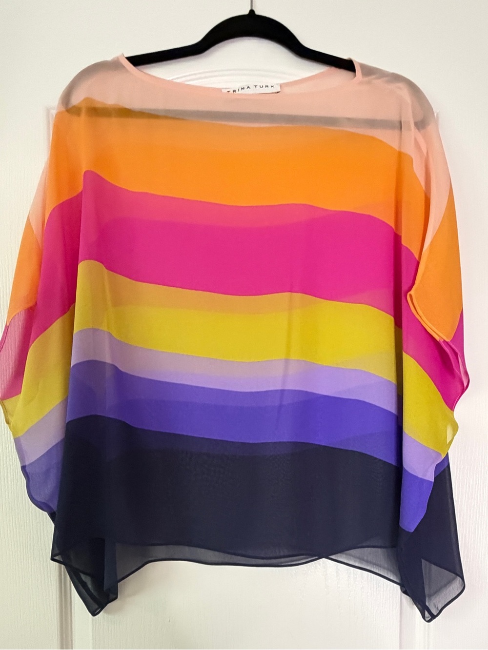 Trina Turk Sheer Poncho Chiffon Top Rainbow Stripe Batwing Caftan Blouse Resort